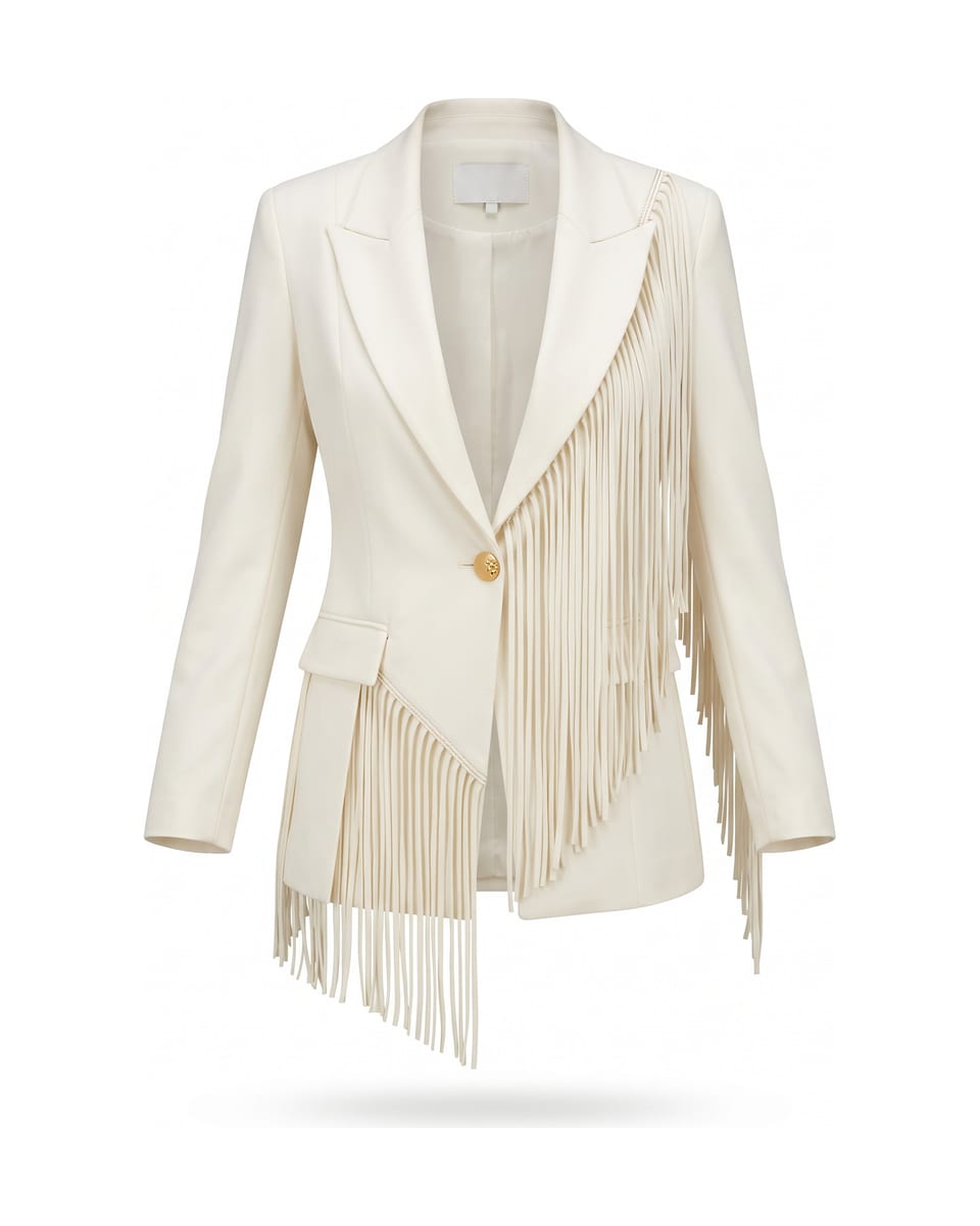 Blazer à franges, ivoire, blazer seul sur fond blanc