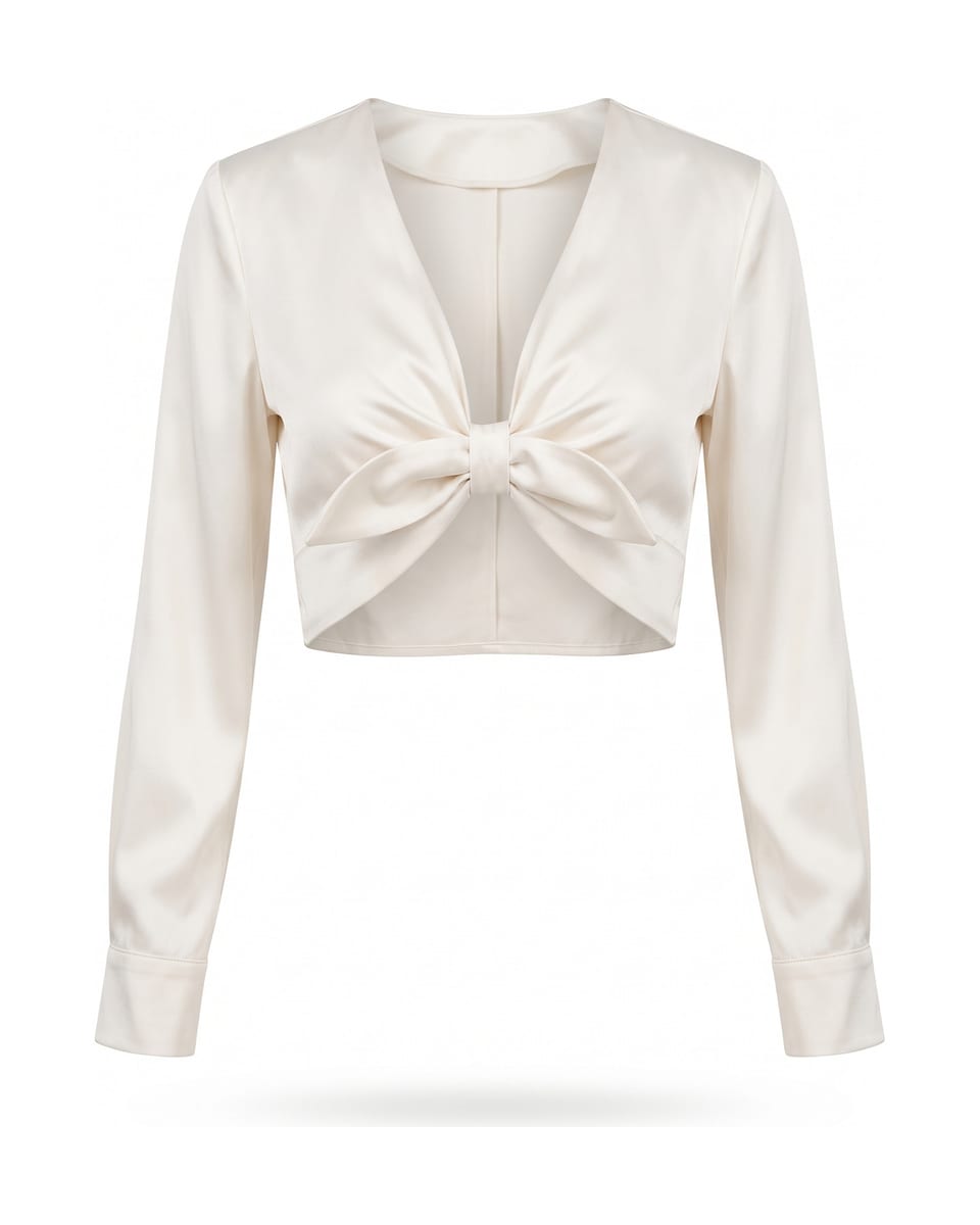 Ensemble blouse nouée, ivoire et noir, blouse seule sur fond blanc