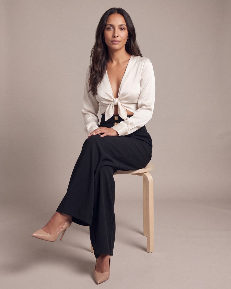Ensemble blouse nouée, ivoire et noir, porté, assise sur tabouret, jambes croisées