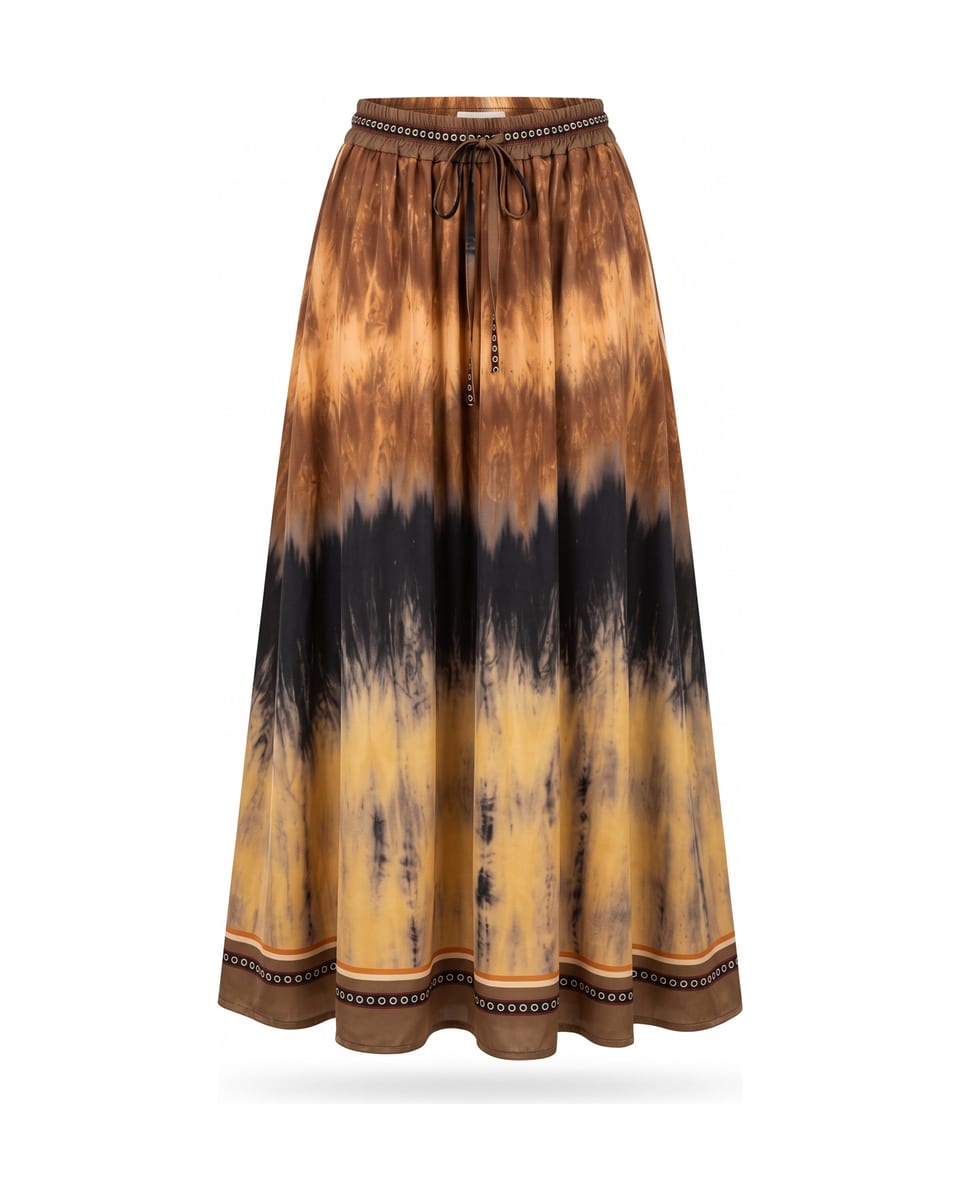 Ensemble chemise et jupe dégradé, caramel, jupe seule sur fond blanc
