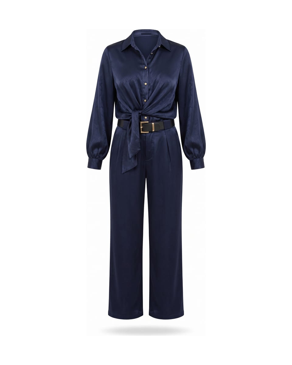 Ensemble chemise et pantalon ceinturé, bleu marine, pièce seule sur fond blanc