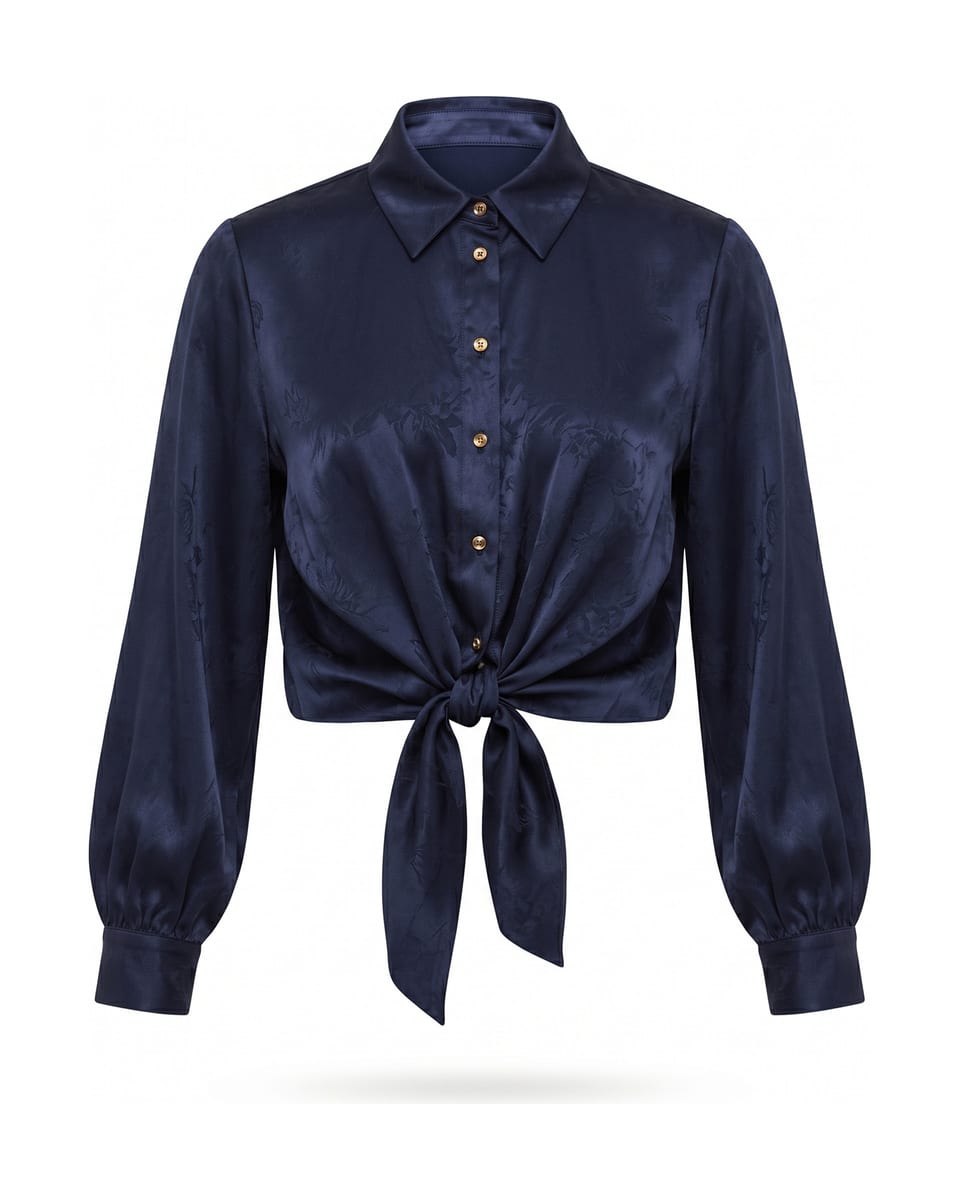 Ensemble chemise et pantalon ceinturé, bleu marine, chemise seule sur fond blanc