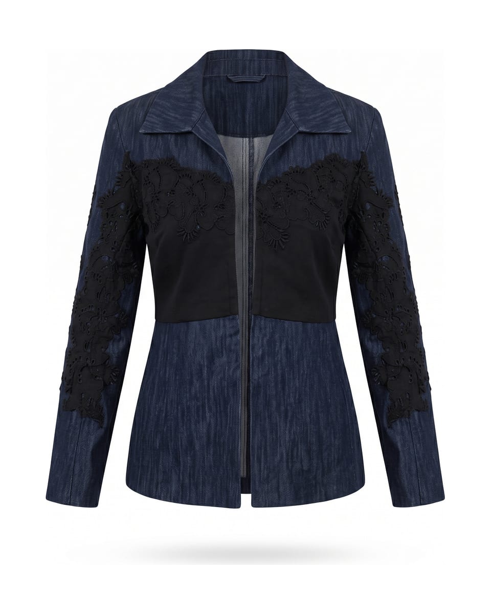 Ensemble denim brodé, bleu nuit, veste seule sur fond blanc