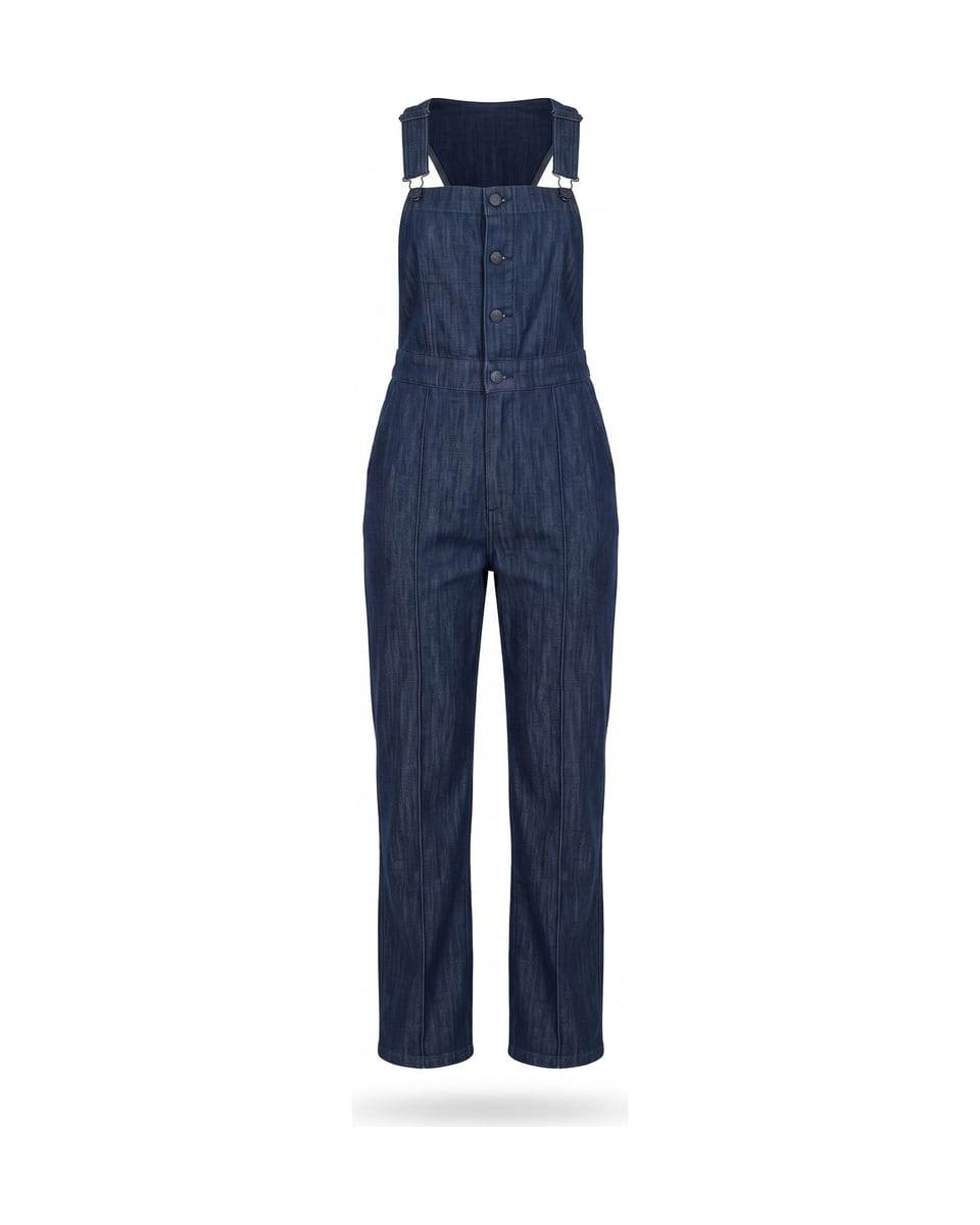 Ensemble denim brodé, bleu nuit, salopette seule sur fond blanc
