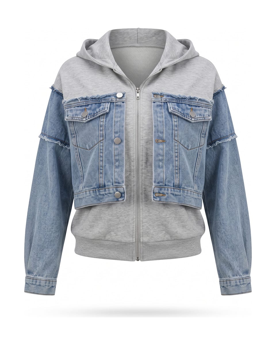 Ensemble denim et molleton, bleu ciel, veste seule sur fond blanc