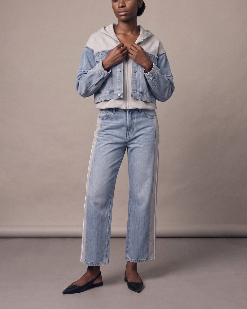 Ensemble denim et molleton, bleu ciel, porté, mains aux revers