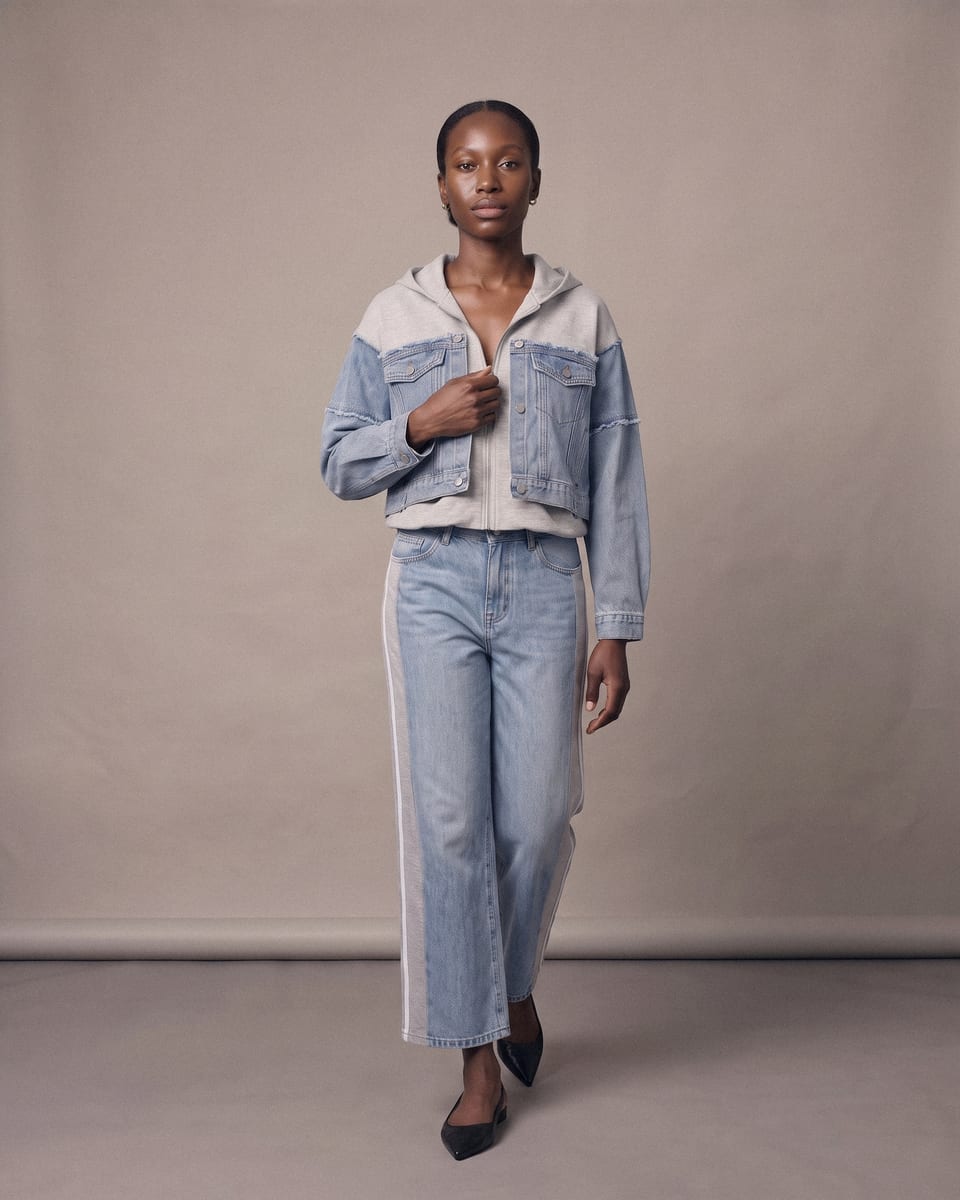 Ensemble denim et molleton, bleu ciel, porté, marche, veste tenue ouverte