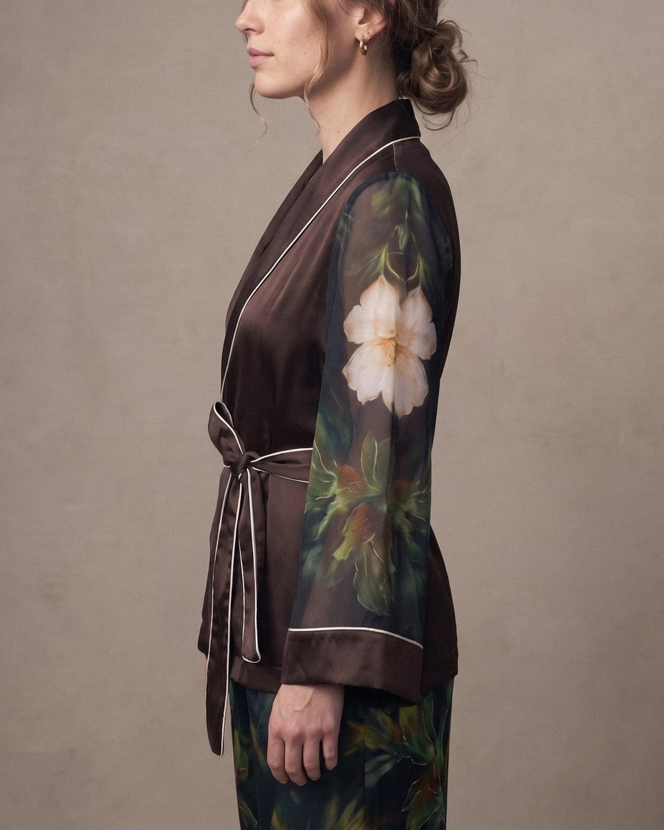 Ensemble kimono, jardin de nuit, porté, encolure, tête de profil