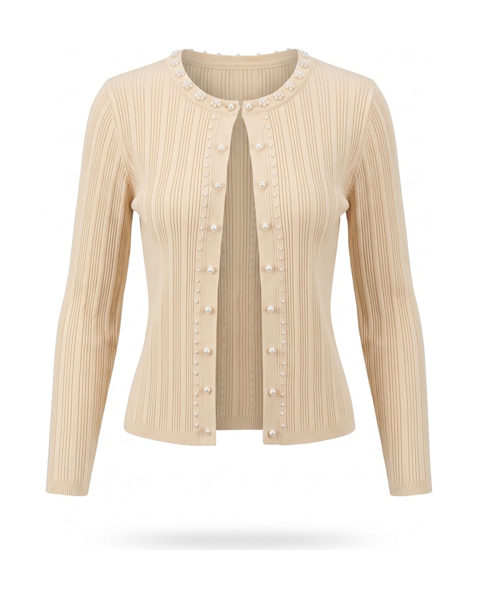 Ensemble maille côtelée, crème, cardigan seul sur fond blanc