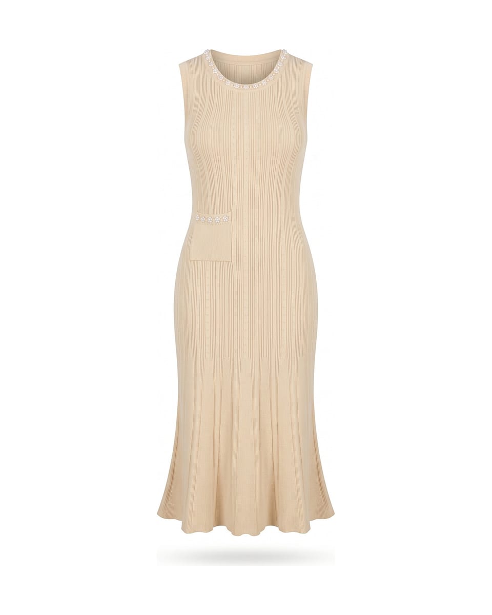 Ensemble maille côtelée, crème, robe seule sur fond blanc