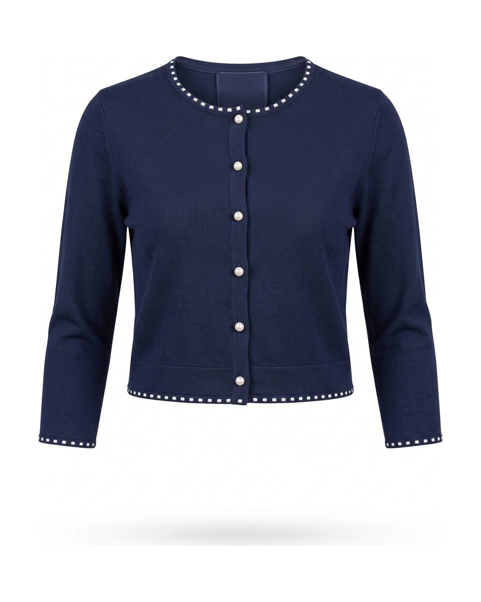 Ensemble maille, marine pointillé, cardigan seul sur fond blanc