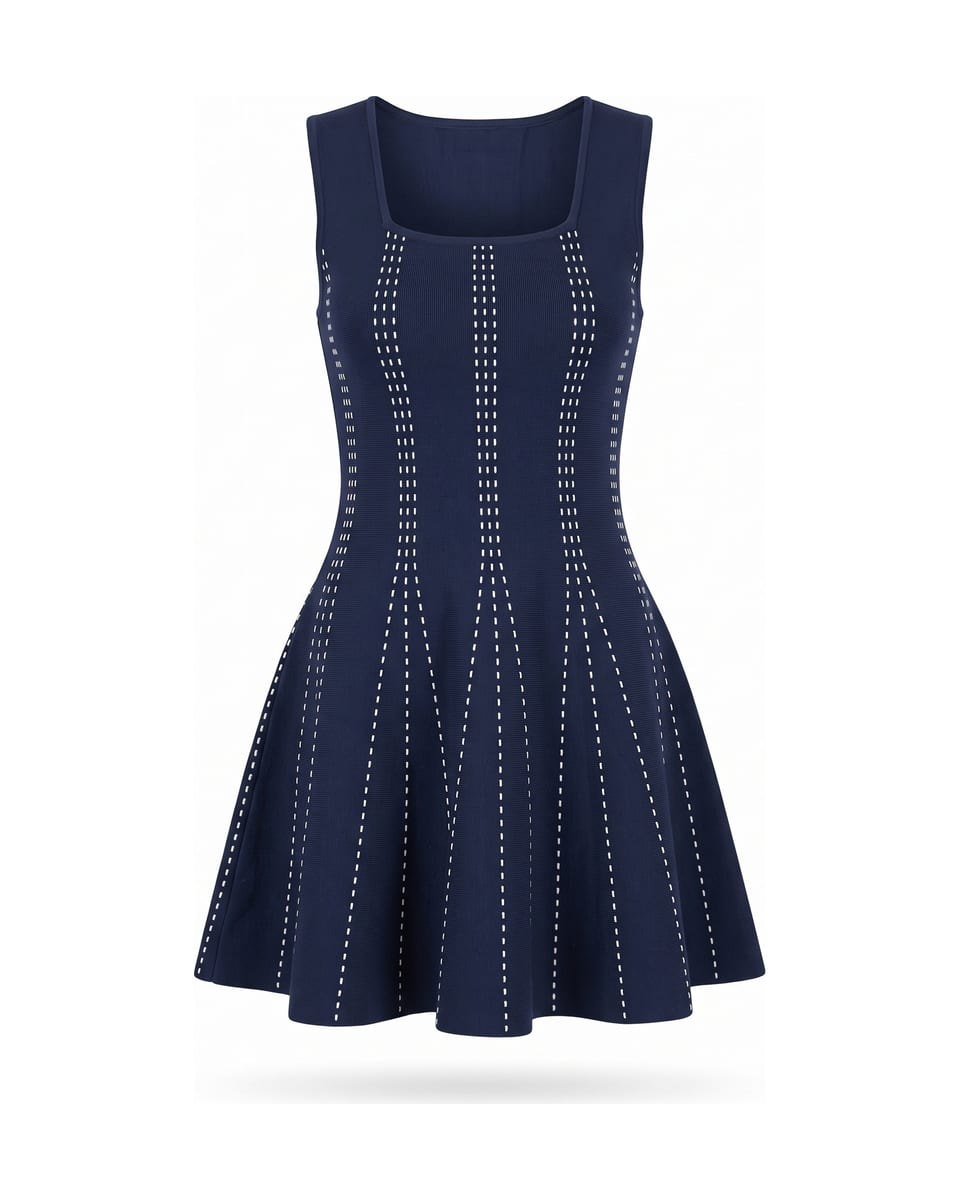 Ensemble maille, marine pointillé, robe seule sur fond blanc