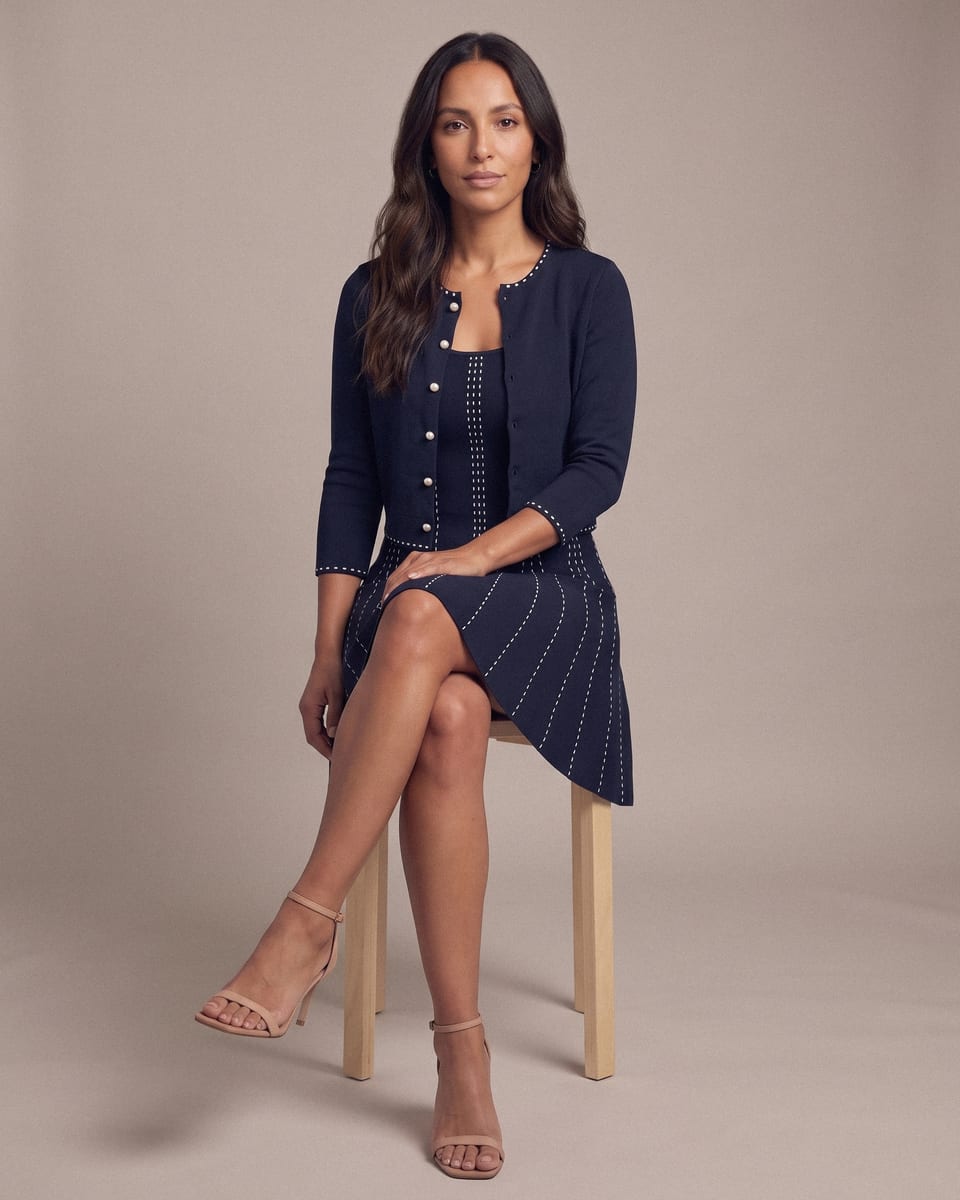 Ensemble maille, marine pointillé, porté, assise sur tabouret, jambes croisées