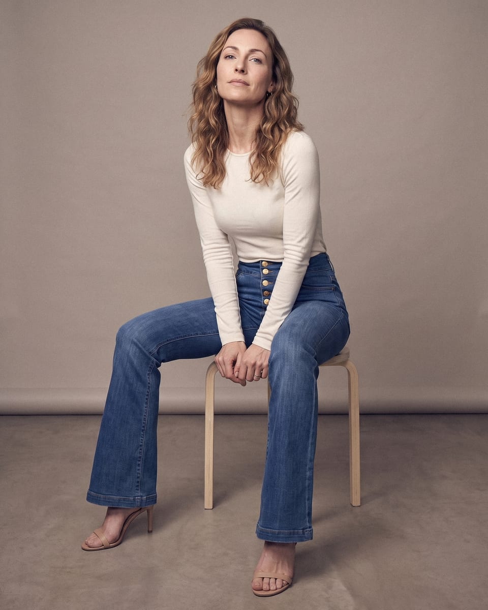 Jean évasé à boutons dorés, bleu, porté, assise penchée en avant