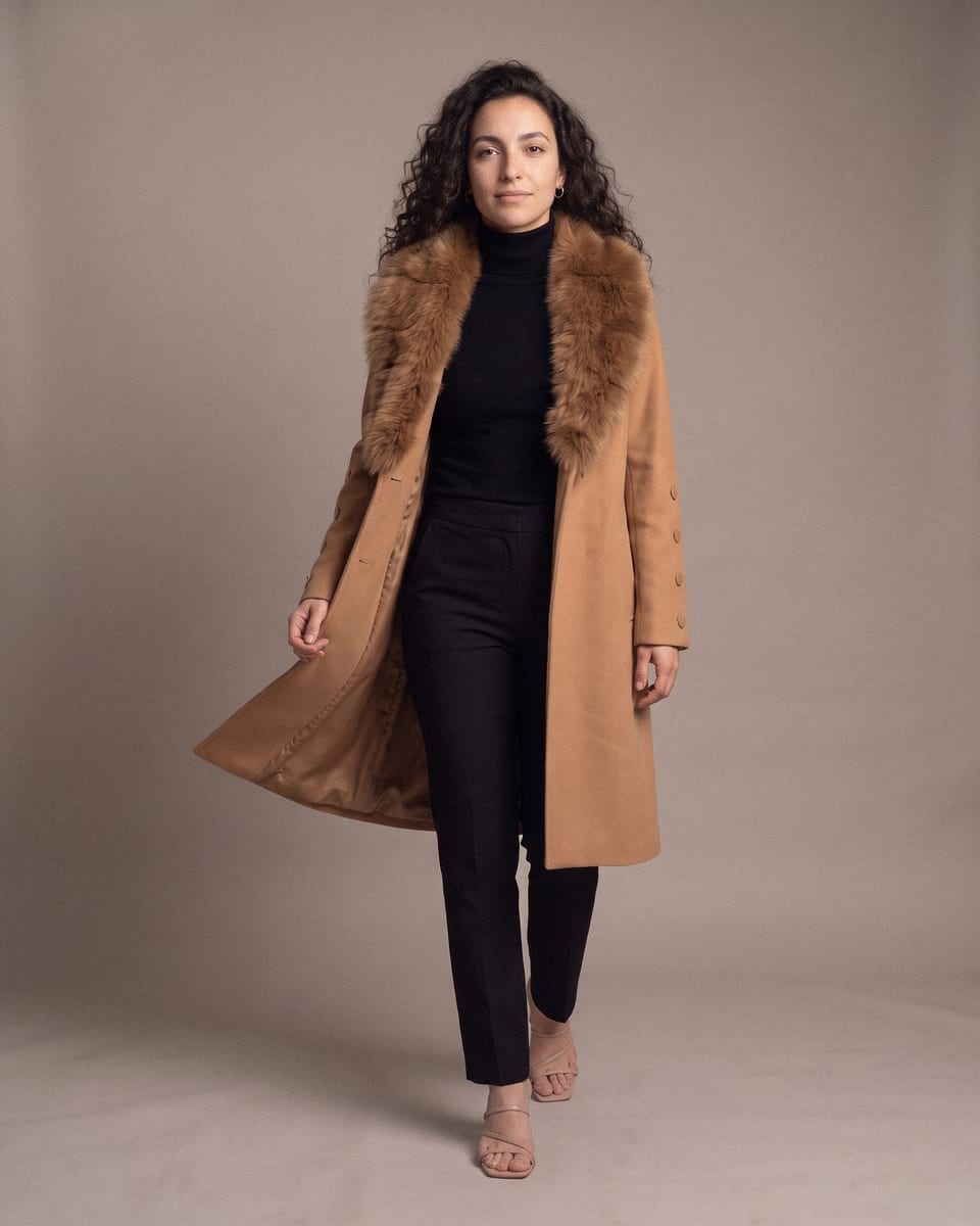 Manteau à grand col, tabac, porté, marche, veste tenue ouverte