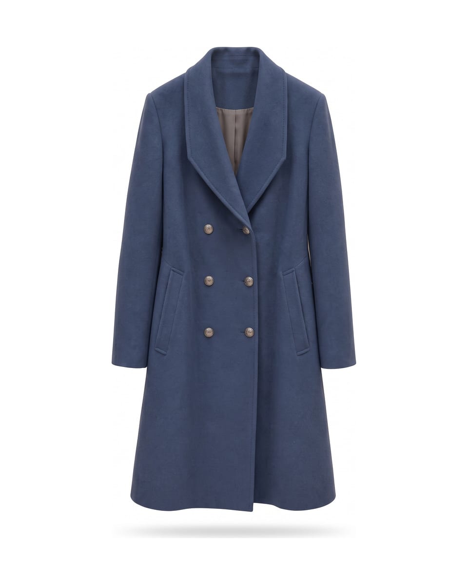 Manteau croisé ceinturé, bleu, pièce seule sur fond blanc