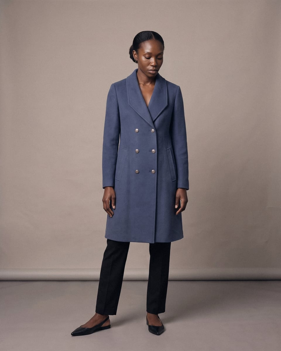Manteau croisé ceinturé, bleu, porté, genou plié vers l'avant