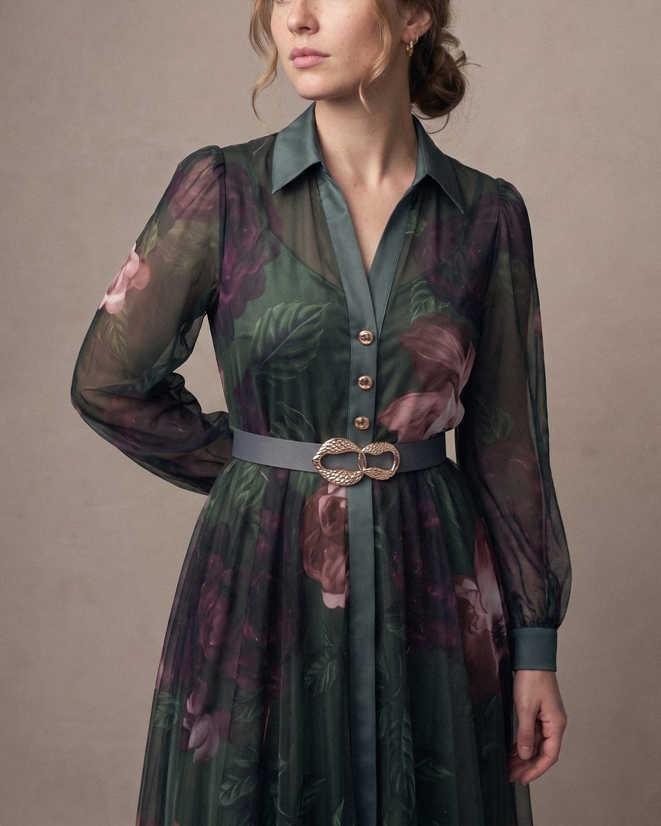 Robe chemise en tulle, roses de nuit, portée, buste, visage coupé, bras dans le dos