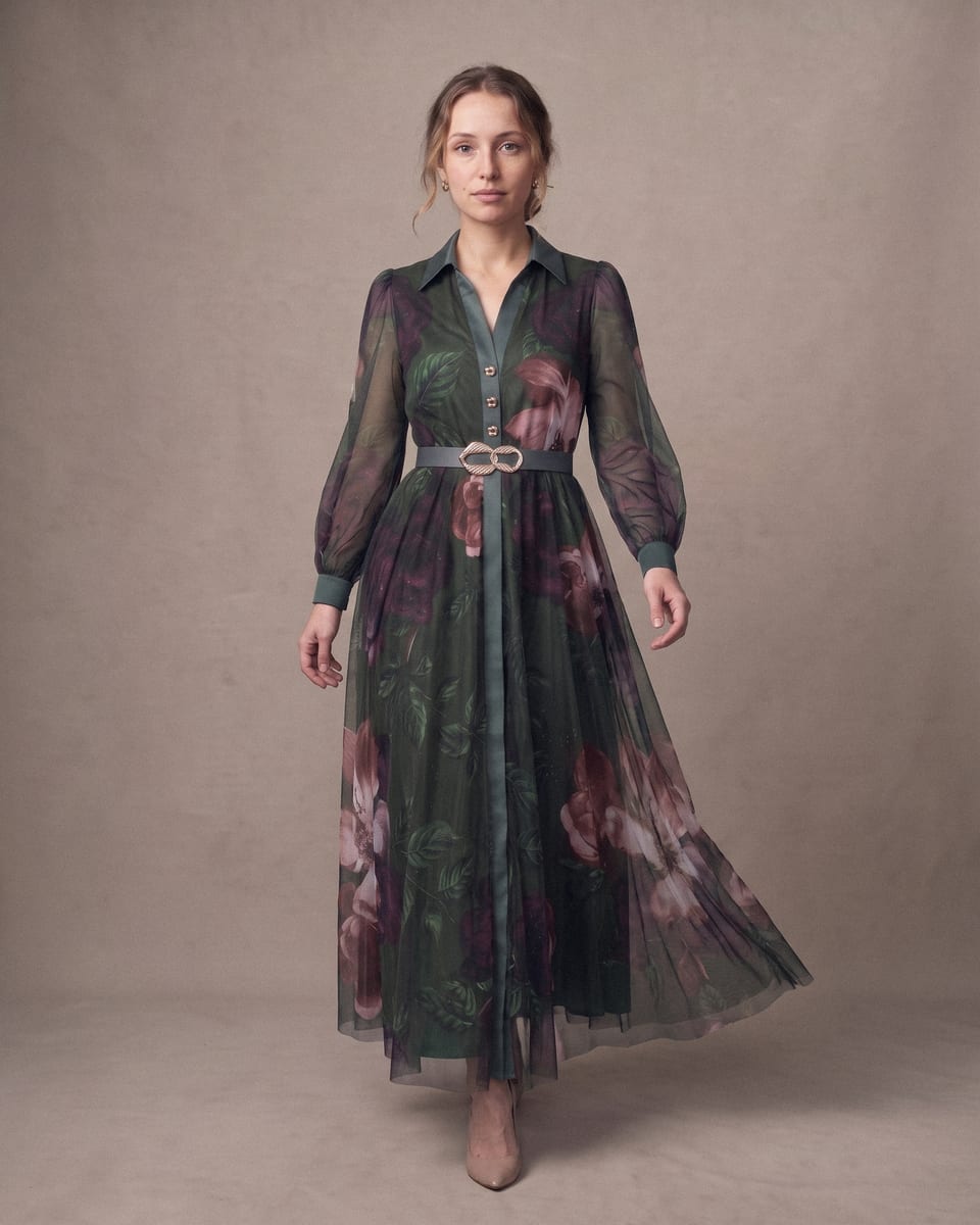 Robe chemise en tulle, roses de nuit, portée, marche vers l'objectif