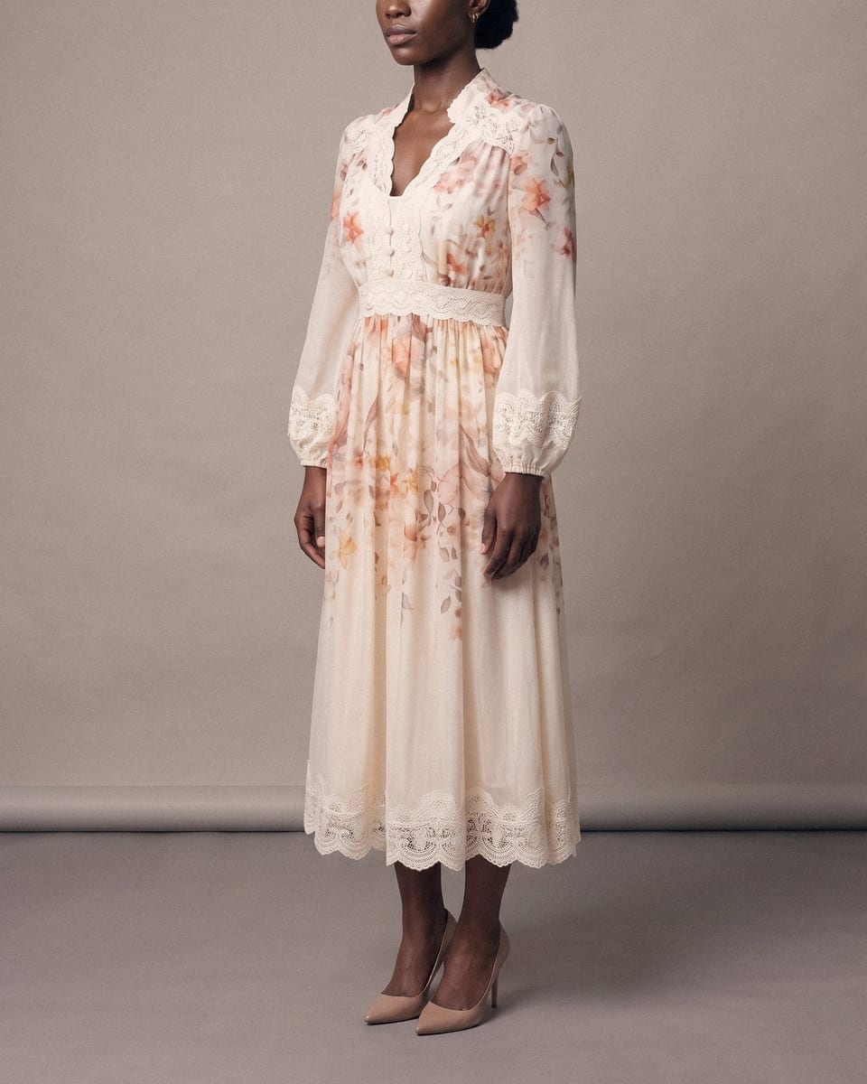 Robe fleurie à dentelle, crème, portée, gros plan sur l'imprimé