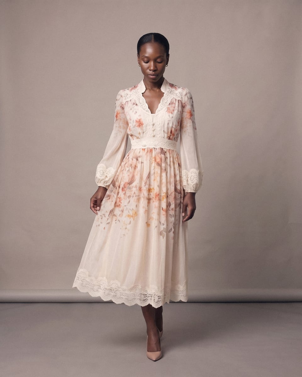 Robe fleurie à dentelle, crème, portée, marche, regard vers le sol