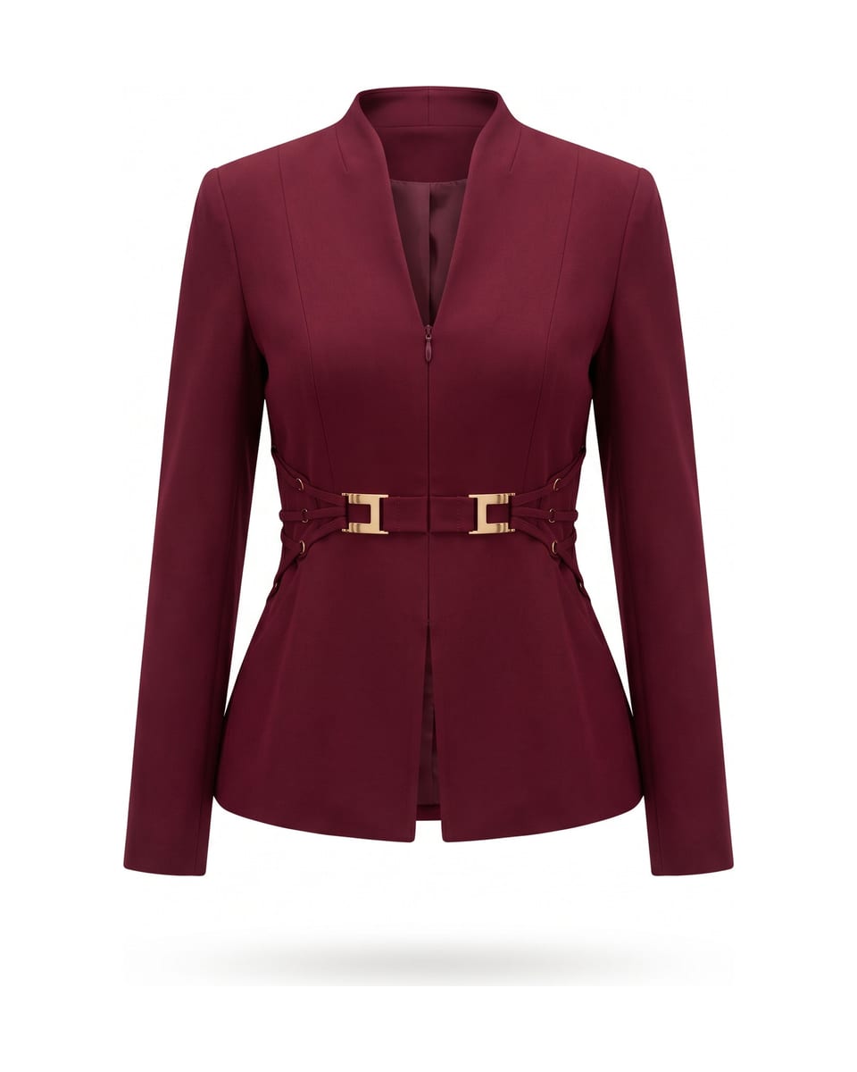 Tailleur ceinturé, grenat, veste seule sur fond blanc