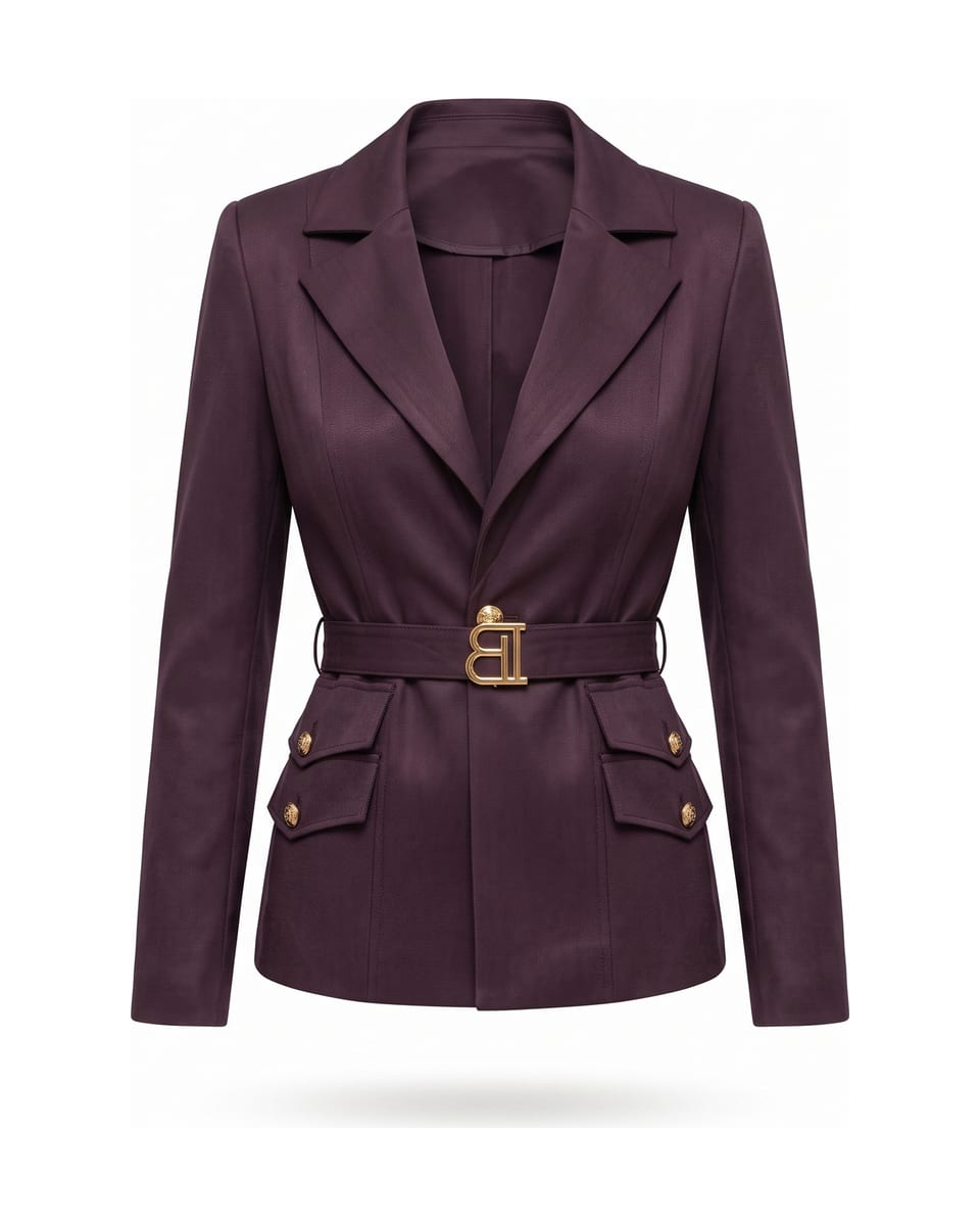 Tailleur ceinturé, prune, veste seule sur fond blanc