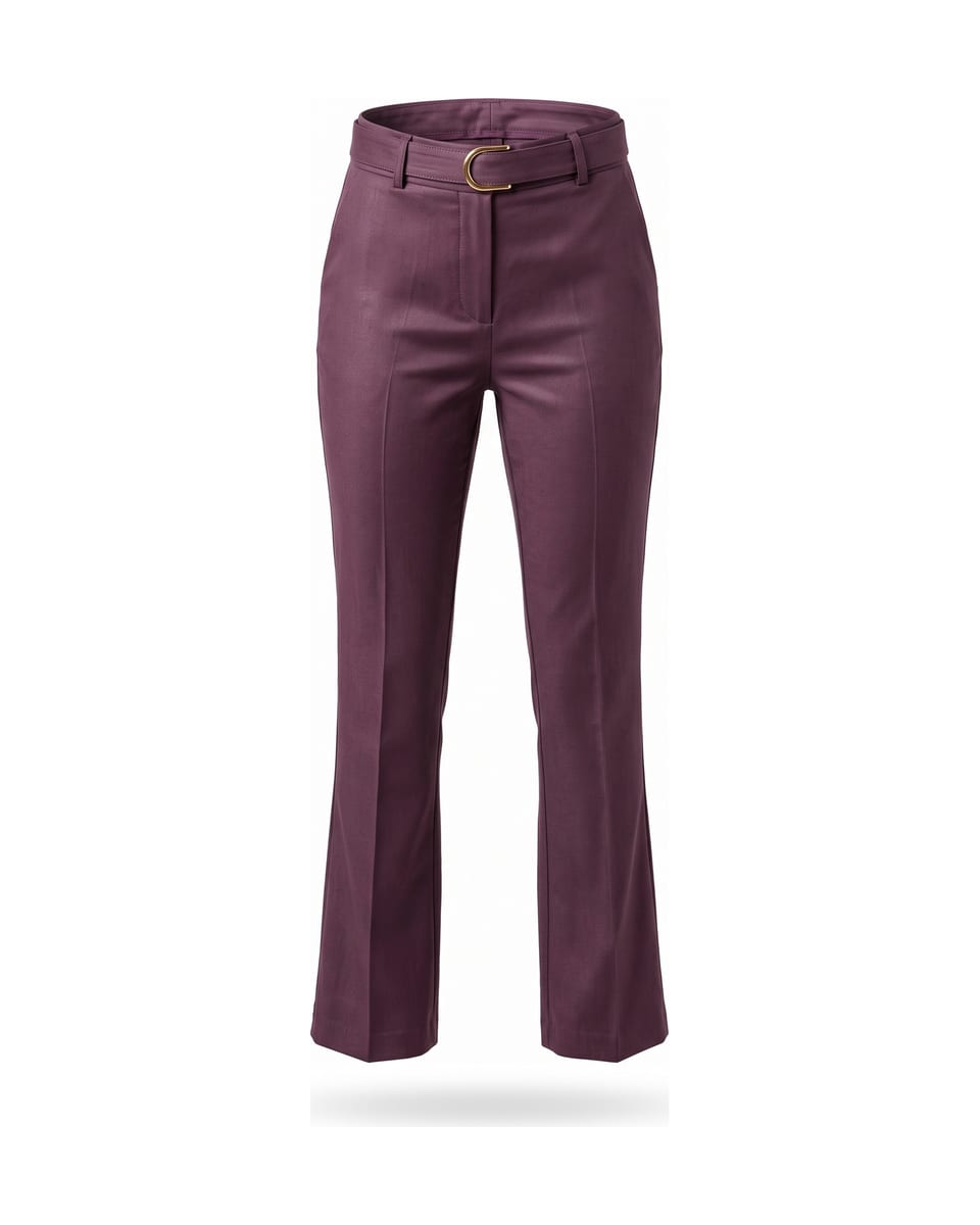 Tailleur ceinturé, prune, pantalon seul sur fond blanc
