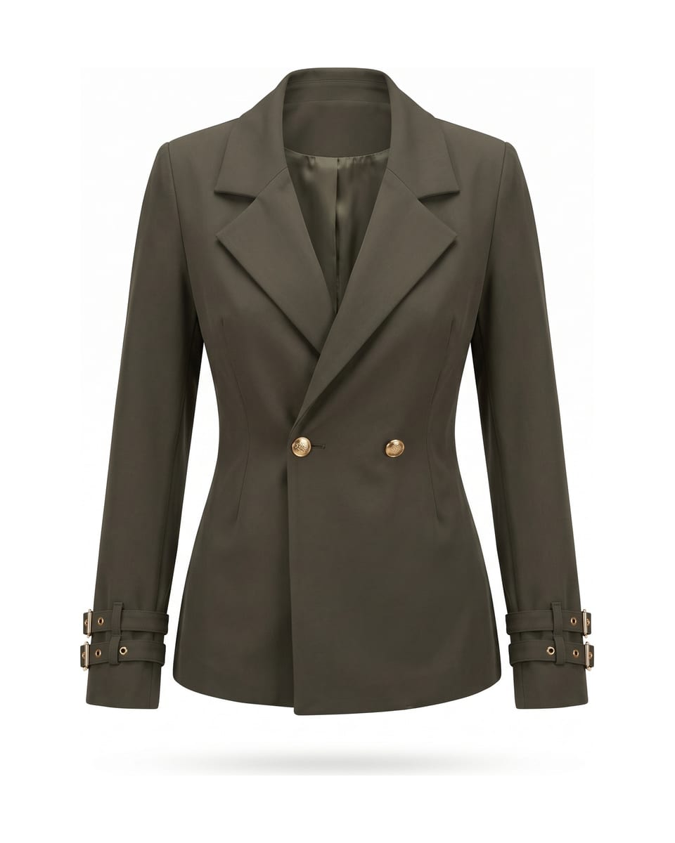 Tailleur croisé à boucles, kaki, veste seule sur fond blanc