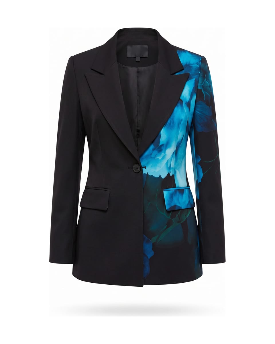 Tailleur fleurs bleues, noir, blazer seul sur fond blanc