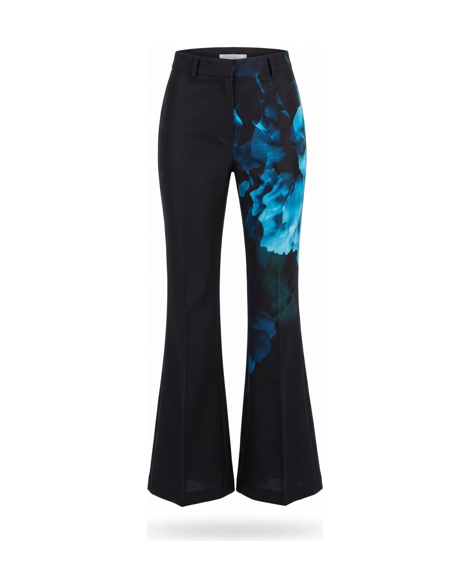Tailleur fleurs bleues, noir, pantalon seul sur fond blanc