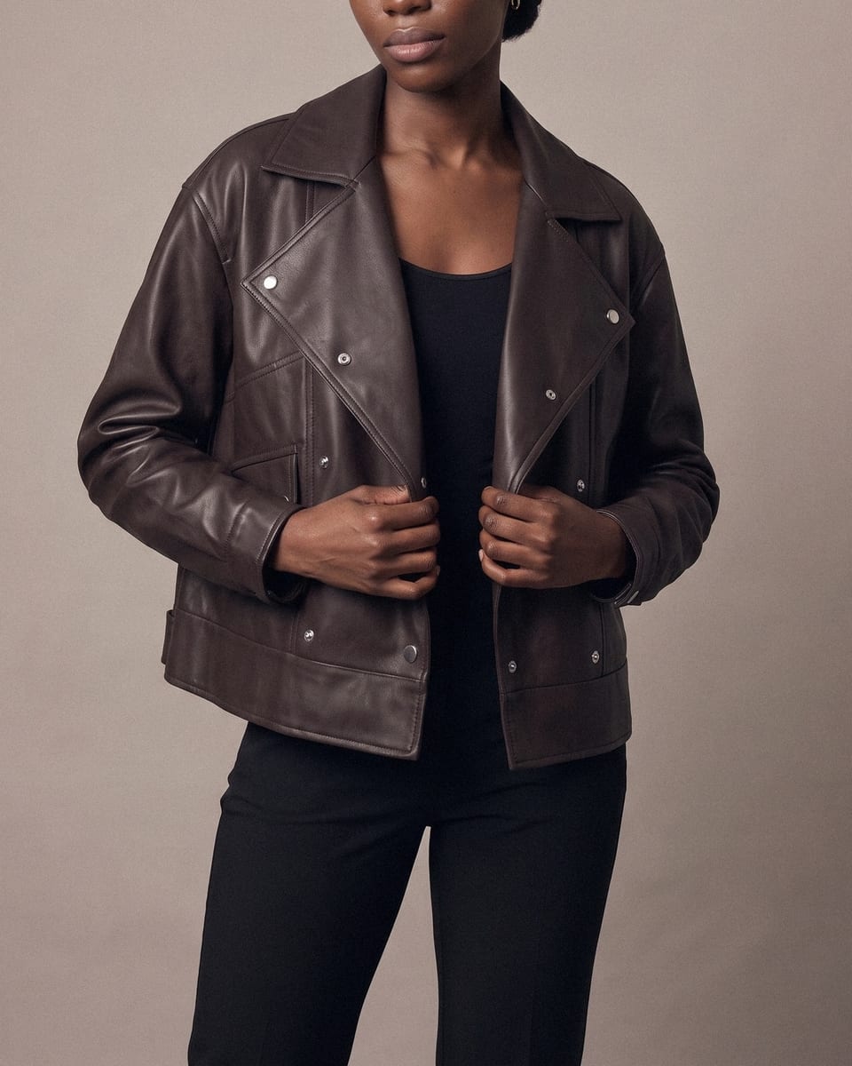 Veste à pressions, chocolat, portée, mains aux revers