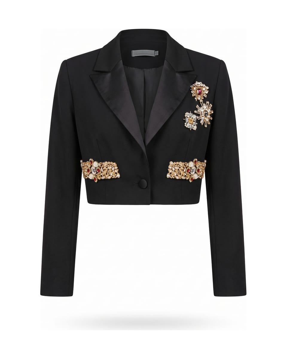 Veste courte brodée, noir, veste seule sur fond blanc
