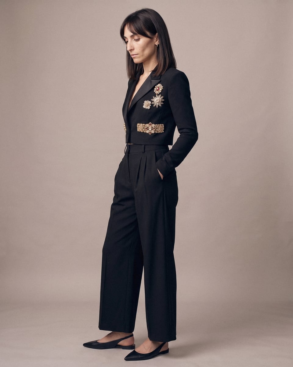 Veste courte brodée, noir, portée, profil, tête baissée