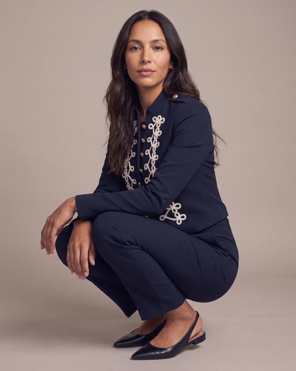 Veste officier, brandebourgs, portée, accroupie, élégante